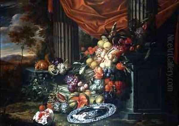 Still life of fruit in a landscape setting Oil Painting by Jan Pauwel Gillemans The Elder