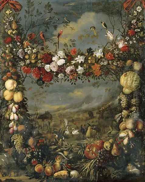 Animals in a landscape surrounded by a garland of flowers Oil Painting by Jan Pauwel Gillemans The Elder