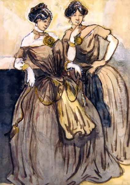 Two young women standing Oil Painting by Constantin Guys