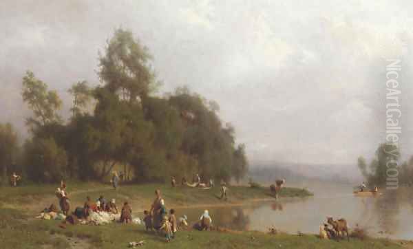 Washerwomen by a Riverbank Oil Painting by Karl Girardet