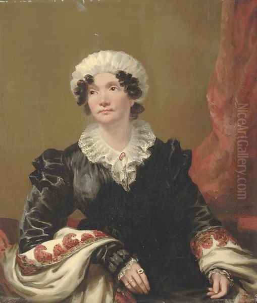 Portrait of a lady, small half-length, seated, in a black dress with shawl and white mob cap Oil Painting by Andrew Geddes