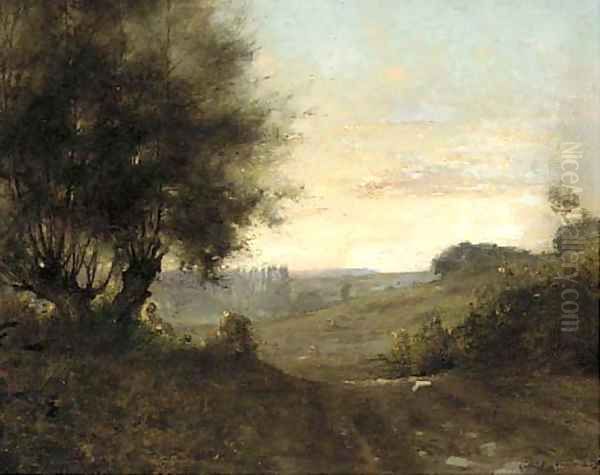 A wooded landscape at dusk Oil Painting by Gabriel Guerin