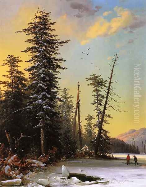 Winter Evening on a Lake at the Pine Swamp Oil Painting by Gustavus Grunewald