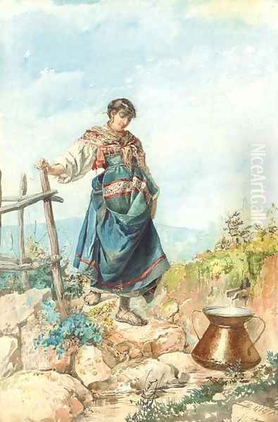 A ciociarella at the spring Oil Painting by Belisario Gioja