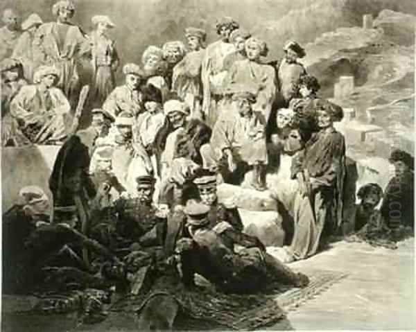 Military Meal in the Ruins at Sioukh Dagestan plate 69 from a book on the Caucasus Oil Painting by Grigori Grigorevich Gagarin