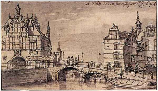 City Façades of the Rotterdam and Schiedam Gates in Delft 1695 Oil Painting by Josua de Grave