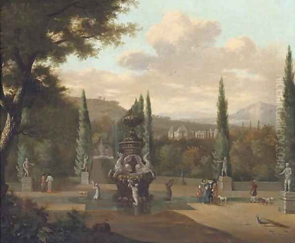 Elegant figures walking in the garden of a palace Oil Painting by Josua de Grave