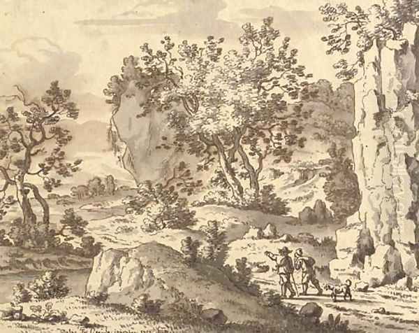 A rocky landscape with travellers on a path Oil Painting by Josua de Grave