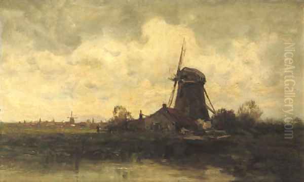 A windmill along a river Oil Painting by Charles Paul Gruppe