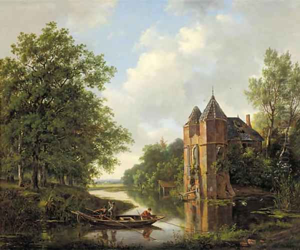 A riverlandscape with anglers in a rowingboat by a ruined mansion Oil Painting by Frans Arnold Breuhaus de Groot