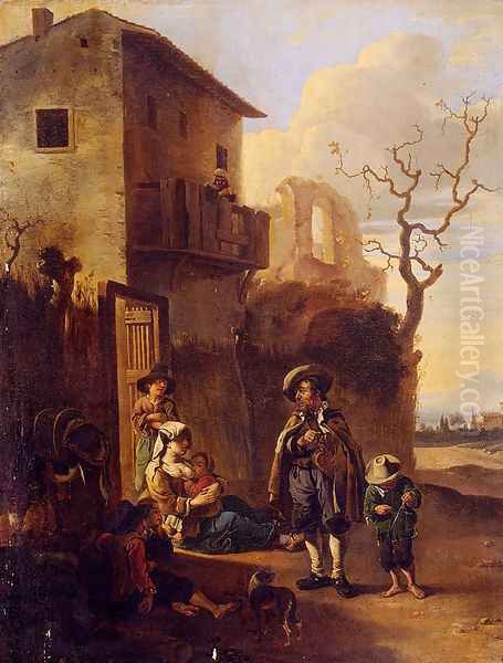 Travelers Resting By A House, With Architectural Ruins Beyond Oil Painting by Anthonie Goubau