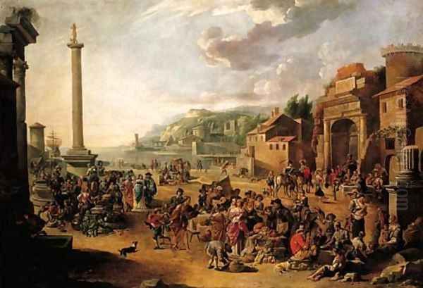 A market in an Italianate harbour with Diogenes in search of an honest man Oil Painting by Anthonie Goubau