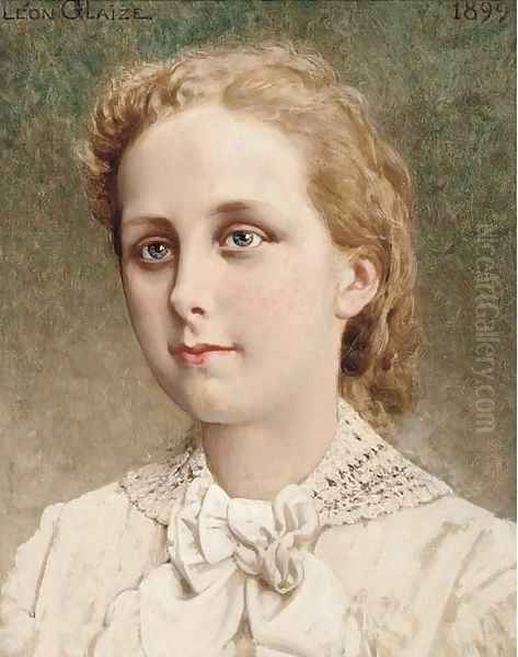 Portrait of a young girl, bust-length, in a white chemise Oil Painting by Pierre Paul Leon Glaize