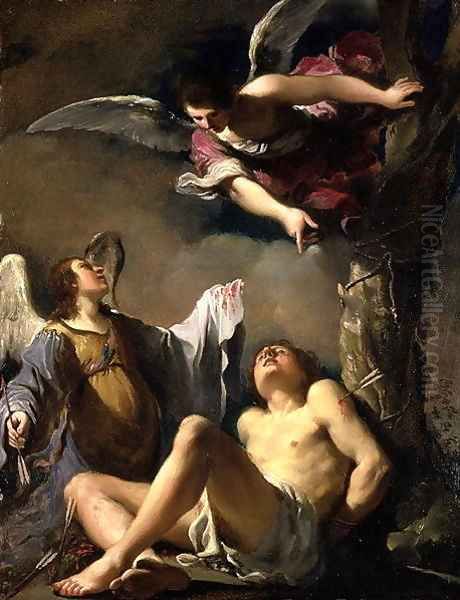 St Sebastian succoured by two angels 1617 Oil Painting by Guercino