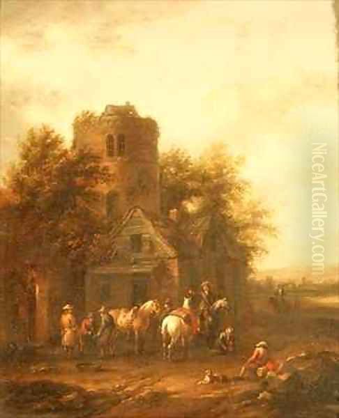 Riders Watering their Horses Outside a Tavern Oil Painting by Barend Gael or Gaal