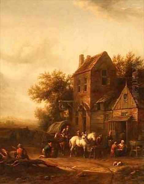 Two Horsemen at a Blacksmiths Forge Oil Painting by Barend Gael or Gaal