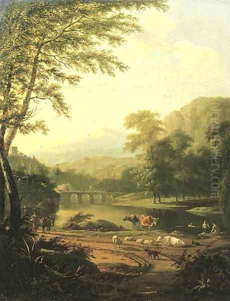 An Italiante river landscape, with a peasant woman returning from a market Oil Painting by Barend Gael or Gaal