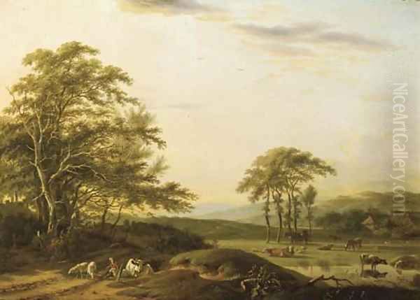 An Italianate river landscape with a shepherd and cattle Oil Painting by Barend Gael or Gaal