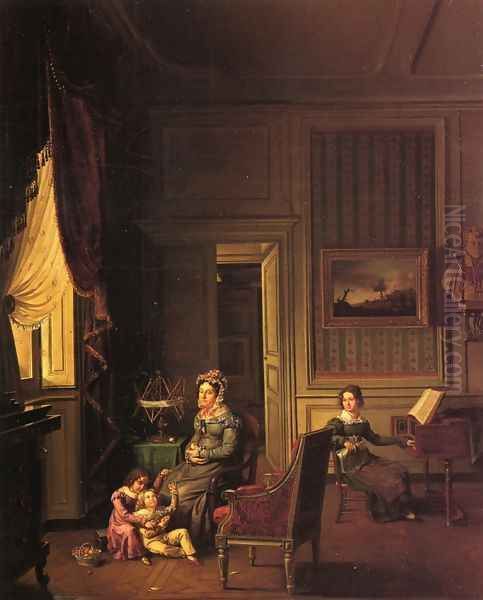 Madame de Vaugelas, Marquise de Marniolas and Her Children in an Interior Oil Painting by Michel Philebert Genod