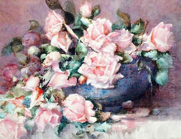 A Bowl of Pink Roses Oil Painting by Melicent Grose