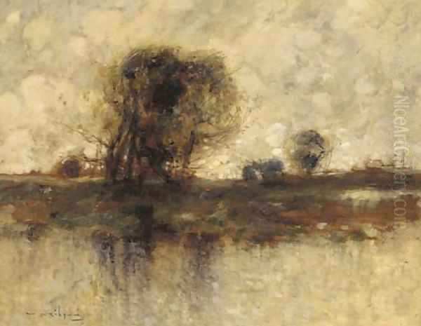 An angler on the edge of a lake Oil Painting by William Alfred Gibson