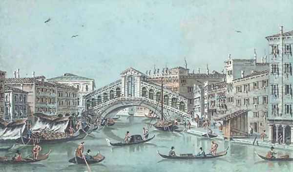 View of the Rialto Bridge and the Fondaco dei Tedeschi, Venice Oil Painting by Giacomo Guardi