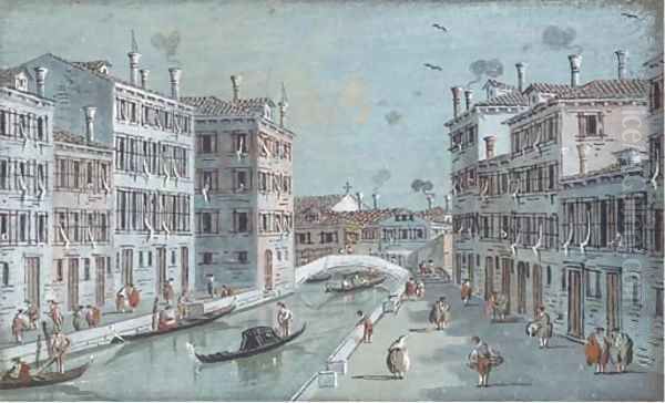 A Venetian canal with a bridge in the distance Oil Painting by Giacomo Guardi