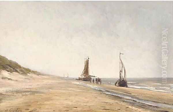 Fishing boats at low tide Oil Painting by Herminie Gudin