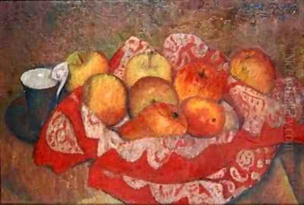 Apples and Pears on a Red Cloth Oil Painting by Mark Gertler