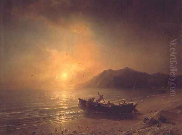 A Coastal Landscape with Arab Fishermen Launching a boat at Sunset Oil Painting by Theodore Gudin