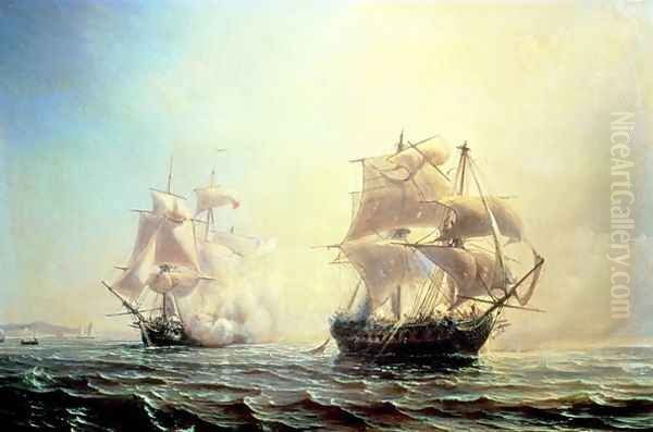 Combat between the frigate LEmbuscade and the Boston in the Port of New York in 1793 Oil Painting by Theodore Gudin