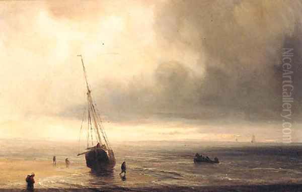 A Beached Fishing Boat With A Storm Approaching Oil Painting by Theodore Gudin