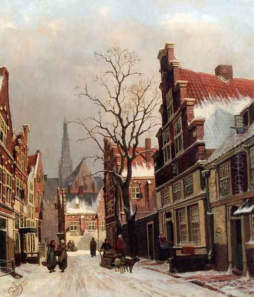 Townsfolk In A Snow-covered Street In Haarlem Oil Painting by Franciscus Lodewijk Van Gulik