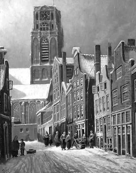 A view of a snow-covered street, Rotterdam, with the St. Laurenskerk in the distance Oil Painting by Franciscus Lodewijk Van Gulik