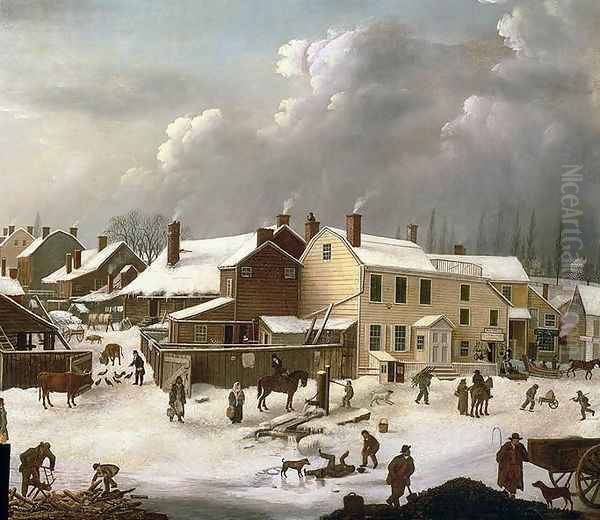 Winter Scene in Brooklyn detail of a street and the Post Office Oil Painting by Francis Guy