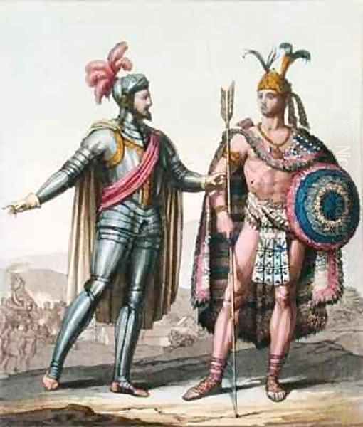 The Encounter between Hernan Cortes 1485-1547 and Montezuma II 1466-1520 Oil Painting by Gallo Gallina