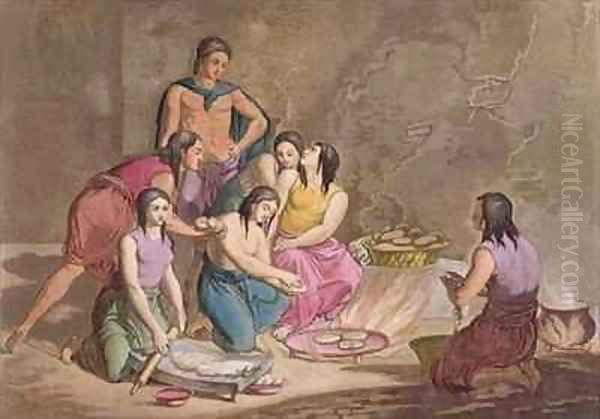 Aztec women making maize bread Mexico from Le Costume Ancien et Moderne Oil Painting by Gallo Gallina