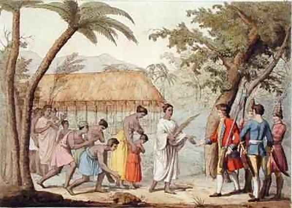 Captain Samuel Wallis 1728-1830 being received by Queen Oberea on the Island of Tahiti Oil Painting by Gallo Gallina