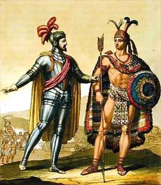 The Encounter between Hernando Cortes 1485-1547 and Montezuma II 1466-1520 Oil Painting by Gallo Gallina