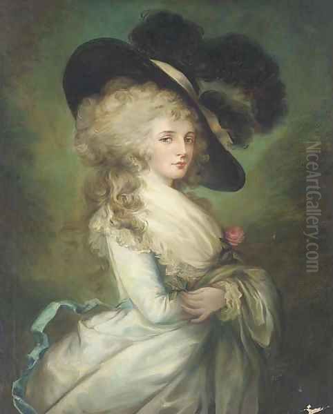 Portrait of Georgiana, Duchess of Devonshire (1757-1806), three-quarter-length, in a pale blue dress and black hat Oil Painting by Thomas Gainsborough