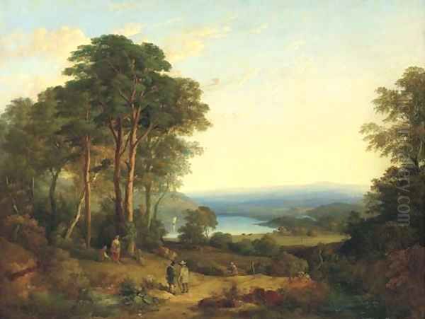 An extensive wooded landscape, with figures in the foreground and a lake beyond Oil Painting by Thomas Gainsborough