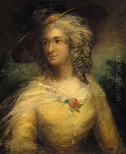 Portrait of a lady, bust-length, in a yellow dress and straw hat Oil Painting by Thomas Gainsborough