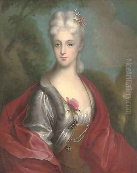 Portrait of a lady, half-length, in a red wrap, a landscape beyond Oil Painting by Thomas Gainsborough