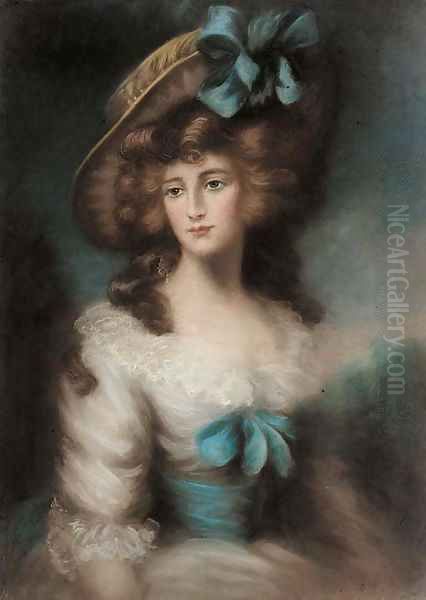 Portrait of a lady, half-length, wearing a blue ribbon in her bonnet Oil Painting by Thomas Gainsborough