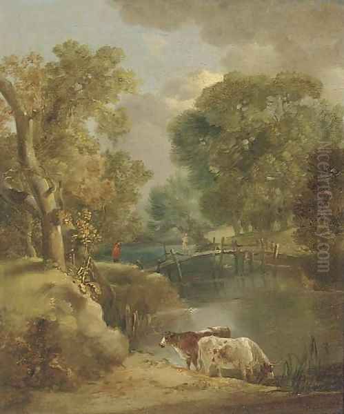 Cattle watering in a wooded landscape Oil Painting by Thomas Gainsborough