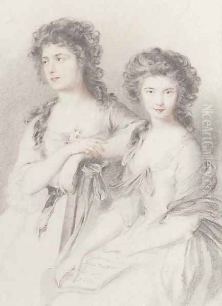 Double portrait of Elizabeth Ann Linley and her sister, Mary, three-quarter-length, in white dresses Oil Painting by Thomas Gainsborough