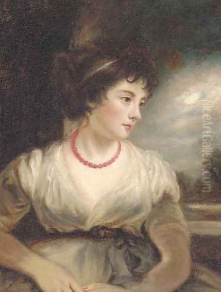 Portrait of a girl, half-length, in a white dress, a moonlit landscape beyond Oil Painting by Thomas Gainsborough