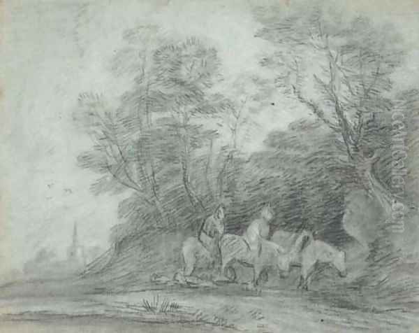 Two travellers on horseback, on a wooded track with a church beyond Oil Painting by Thomas Gainsborough