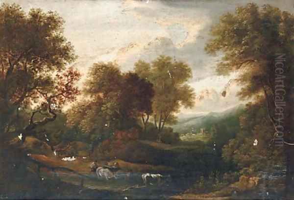 A herder watering his cattle, a hamlet beyond Oil Painting by Thomas Gainsborough