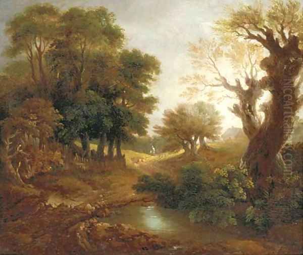 A wooded landscape with figures, a cottage and pool Oil Painting by Thomas Gainsborough